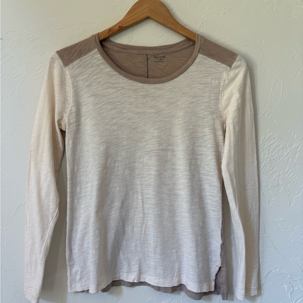 Madewell Cream Long-Sleeve Tee with Tan Shoulder and Neck Trim